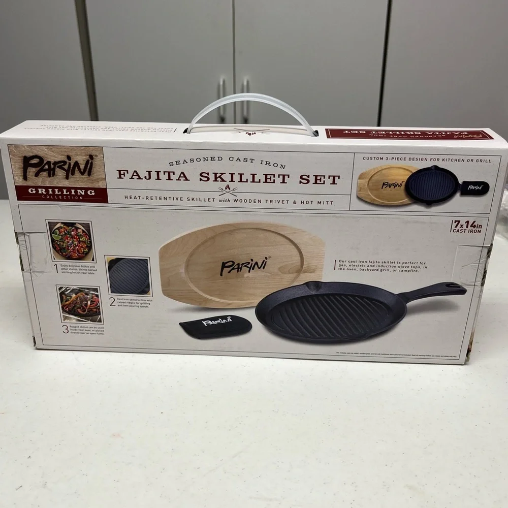 Parini Cast Iron Fajita Skillet Set Wood Trivet NWT